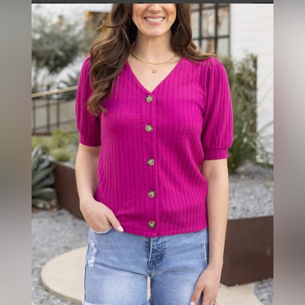 Grace & Lace Fuchsia Ribbed Button-Front Short Sleeve Top